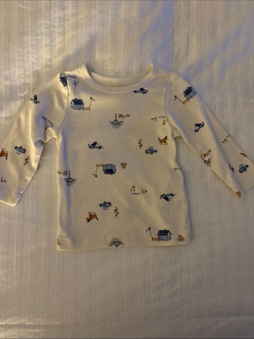 Carter's Cream Long-Sleeve Top with Blue & Brown Farm Motif